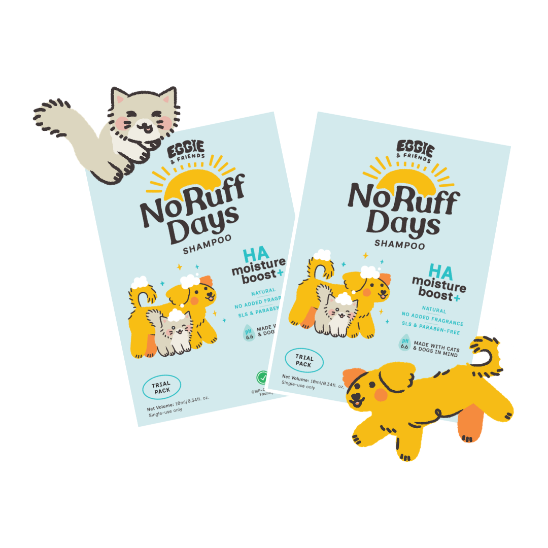 No Ruff Days Pet Shampoo โ Trial Pack No Ruff Days trial sample with Eggie and Kiko