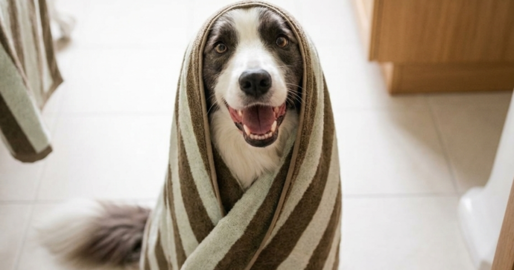Why Is My Dog So Itchy in Malaysia? Happy border collie wrapped in a striped towel after a bath