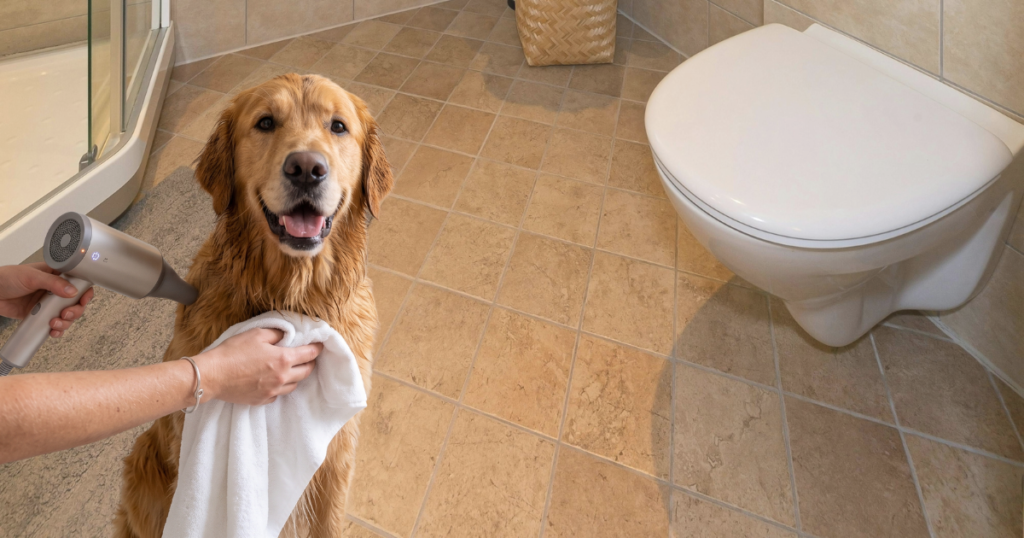 Why Is My Dog So Itchy in Malaysia? Pawrent towel-drying a golden retriever and using a pet dryer on low heat