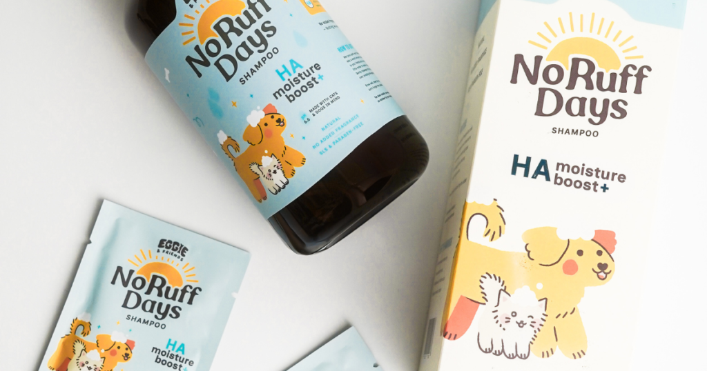 How to Read a Dog Shampoo Label No Ruff Days pet shampoo bottle, trial sachets and box