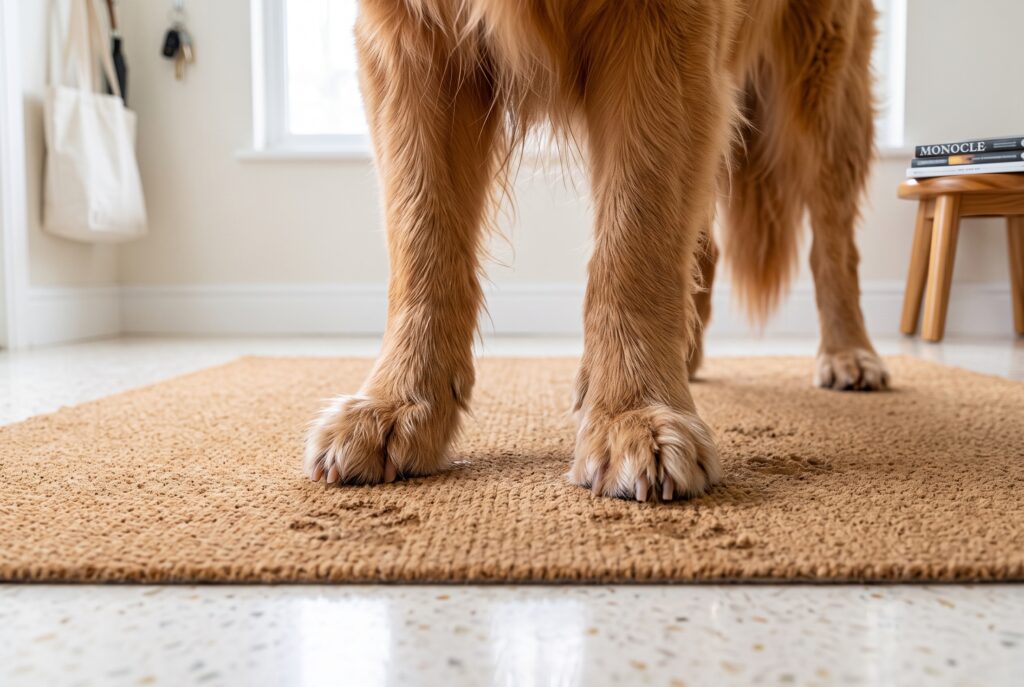 Why Is My Dog So Itchy in Malaysia? Golden retriever's damp paws leaving prints on a doormat after a walk